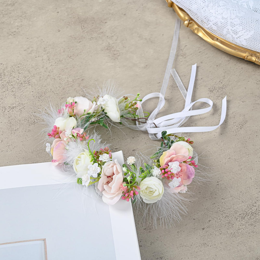 Funsveta boho flower wreath on toddler during family photos.