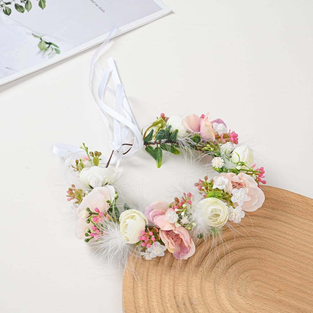Funsveta flower girl headpiece wedding setup, soft adjustable ribbon for comfort.