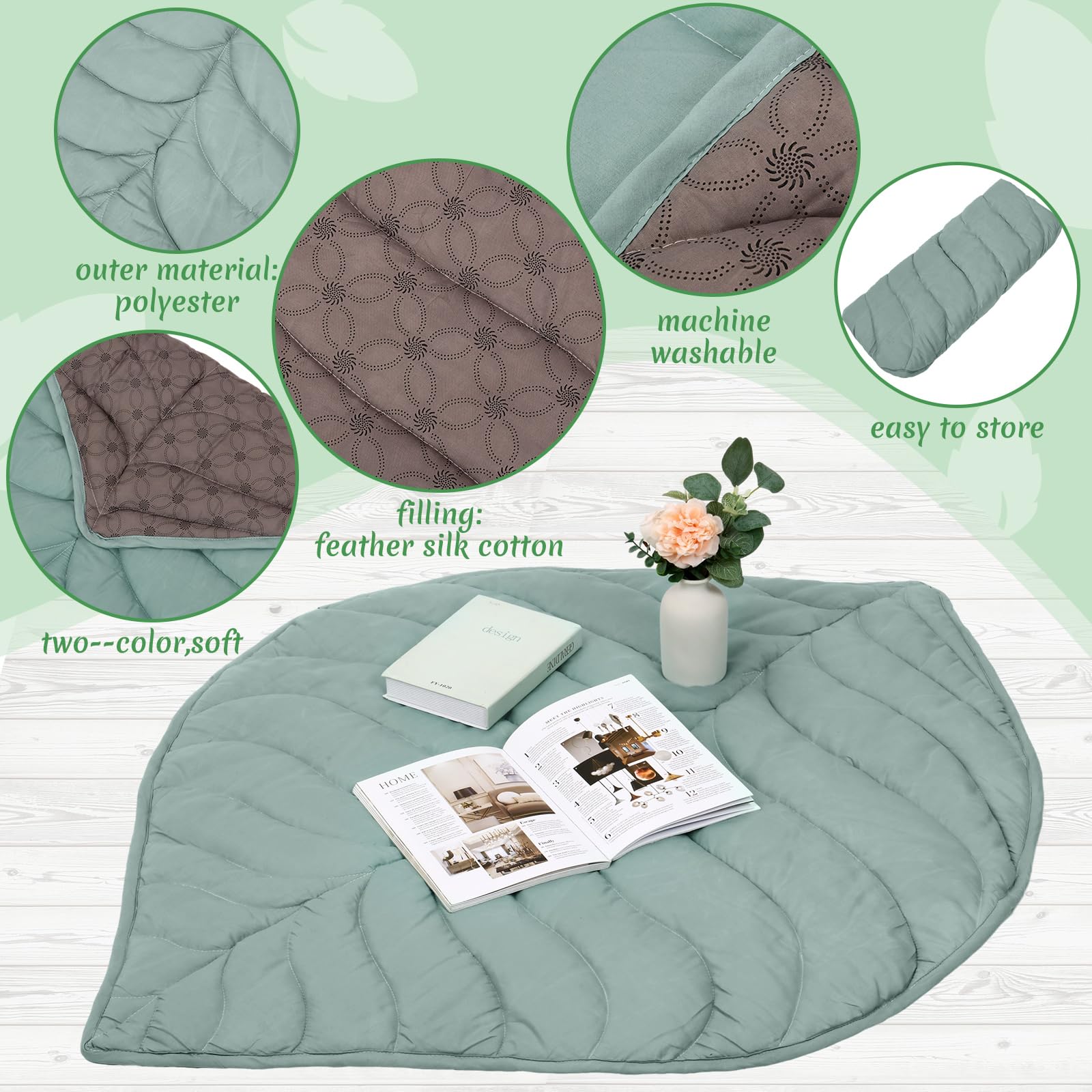 Funtery leaf rug decor in nursery, green front and gray back