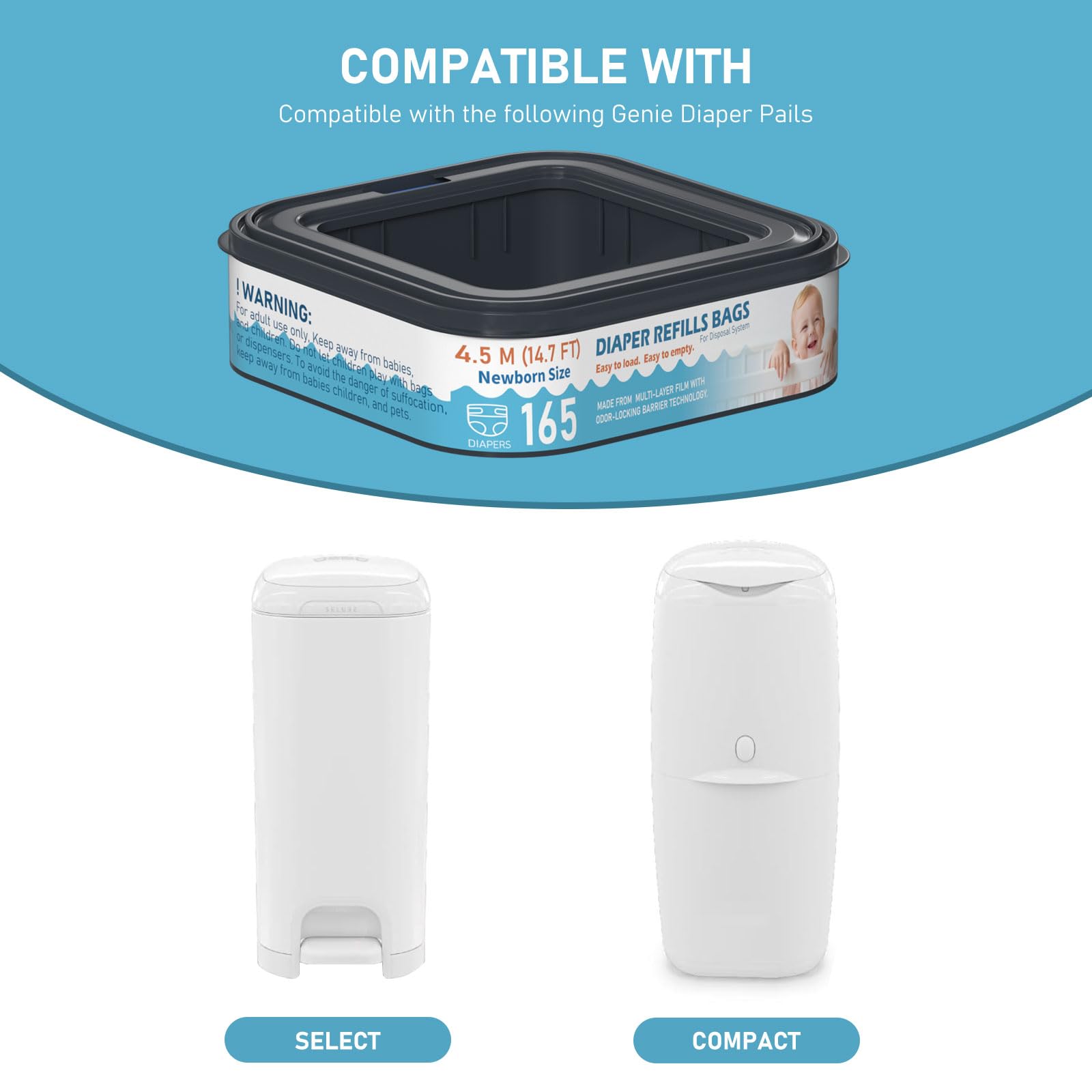 Fununcat cartridge holding 165 newborn diapers provides long-lasting disposal capacity.