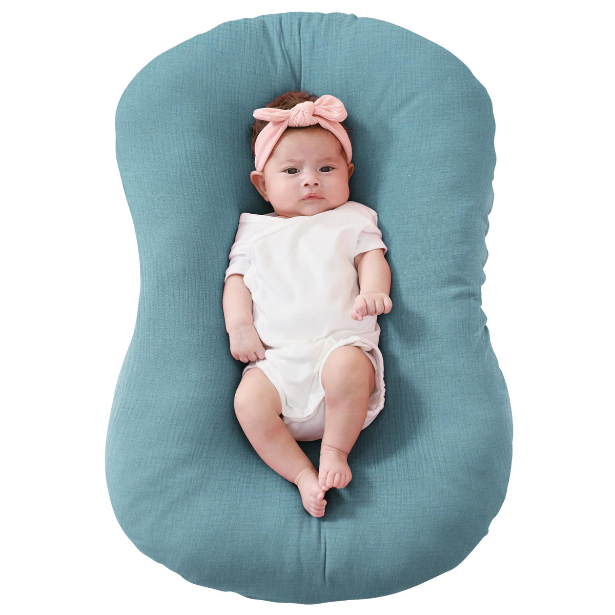 FUNUPUP Muslin baby lounger cover in blue flatlay, showing soft breathable fabric for baby comfort.