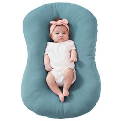 FUNUPUP Muslin baby lounger cover in blue flatlay, showing soft breathable fabric for baby comfort.