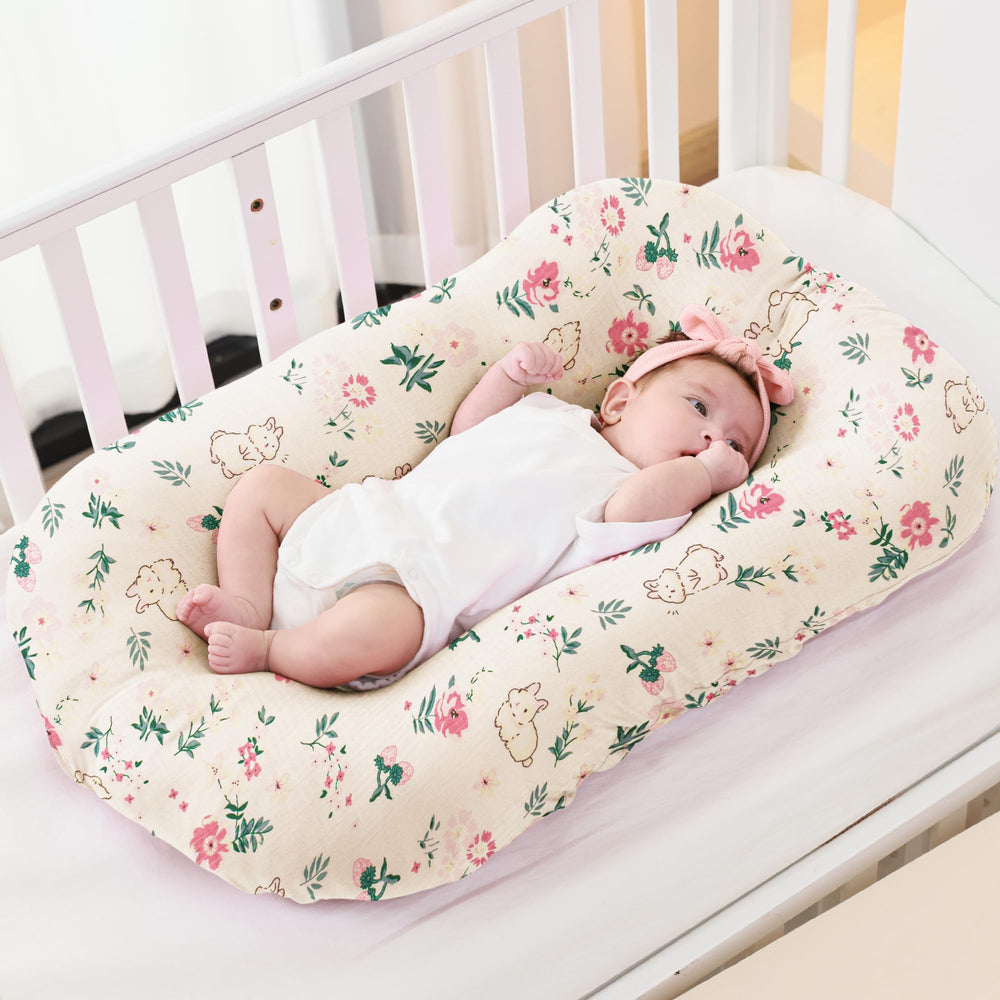 FUNUPUP Muslin Baby Lounger Cover pink floral design adds cozy nursery style for everyday moments