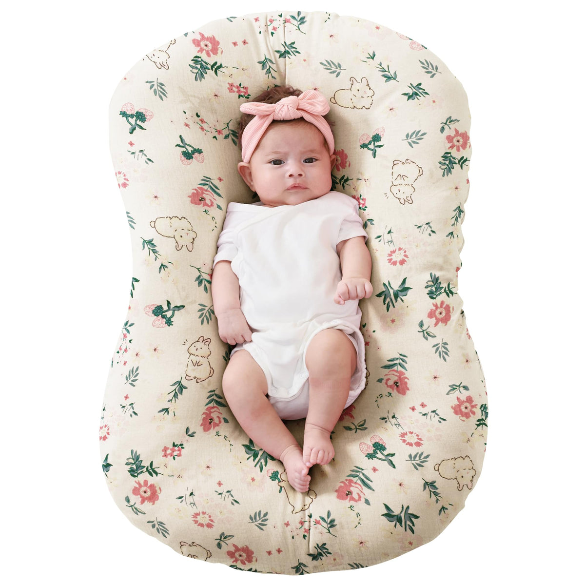 FUNUPUP Muslin Baby Lounger Cover pink flower closeup showing soft breathable fabric for baby comfort
