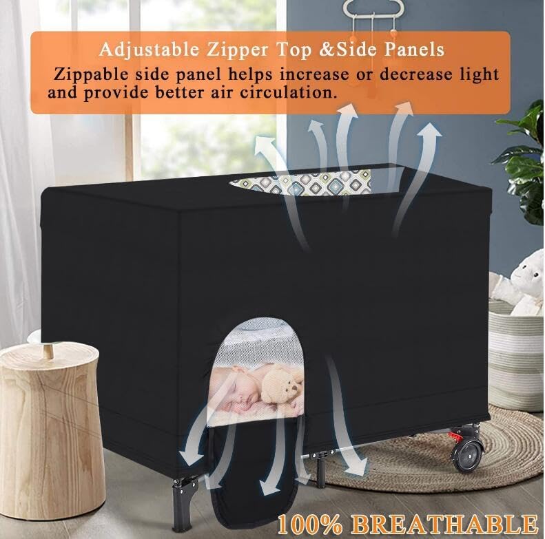 Funvalley Surperfect blackout crib canopy cover blocks light for nap time.