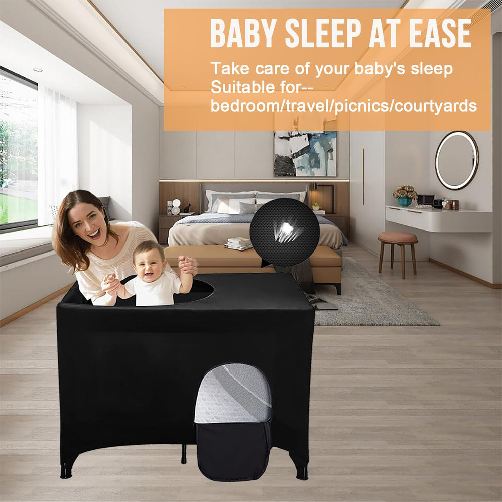 Funvalley Surperfect blackout crib canopy cover fully opened with adjustable panels.