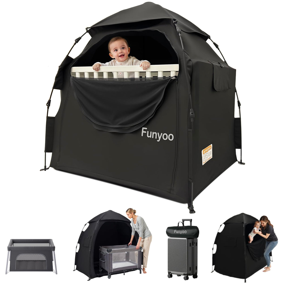 Funyoo blackout pop-up tent assembly view enables quick, peaceful naps for babies.