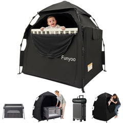 Funyoo blackout pop-up tent assembly view enables quick, peaceful naps for babies.