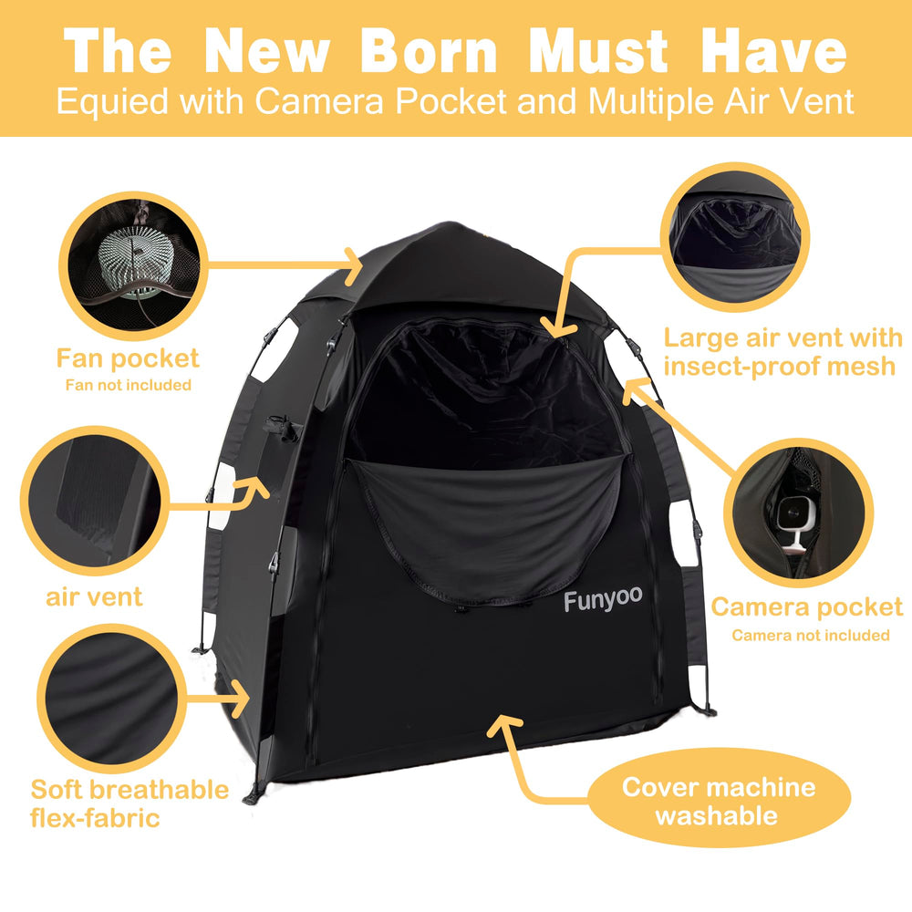 Funyoo blackout tent breathable mesh windows provide airflow and mosquito protection.