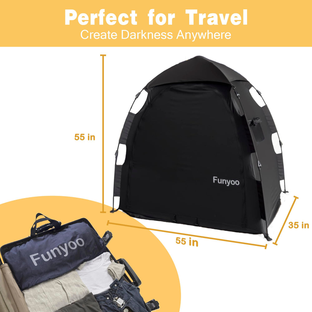 Funyoo blackout tent travel-friendly size demonstrates easy packing for trips.