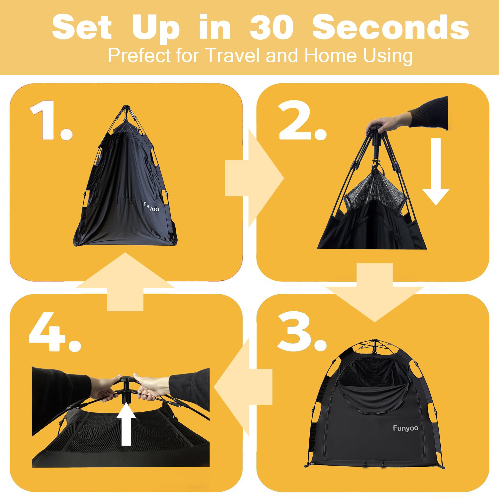 Funyoo blackout tent universal-fit feature highlights crib and playyard compatibility.