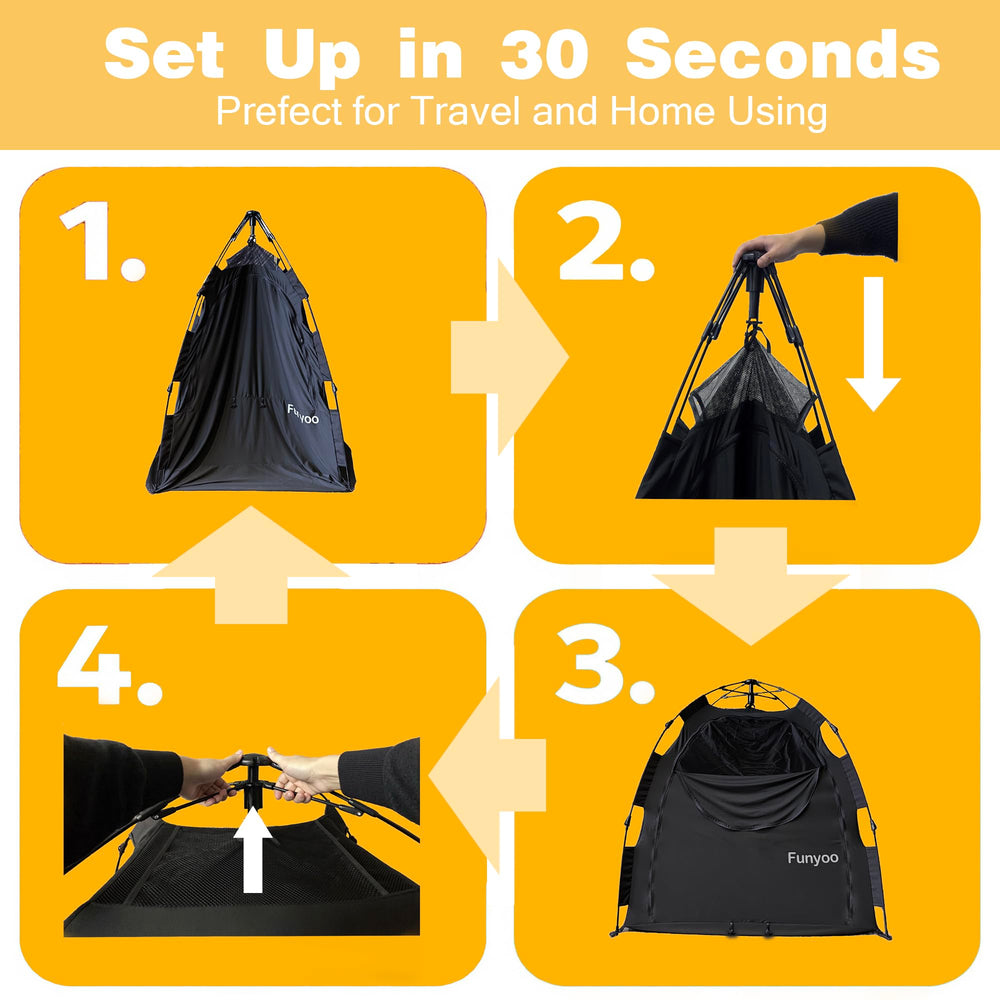 Funyoo blackout tent universal-fit feature highlights crib and playyard compatibility.