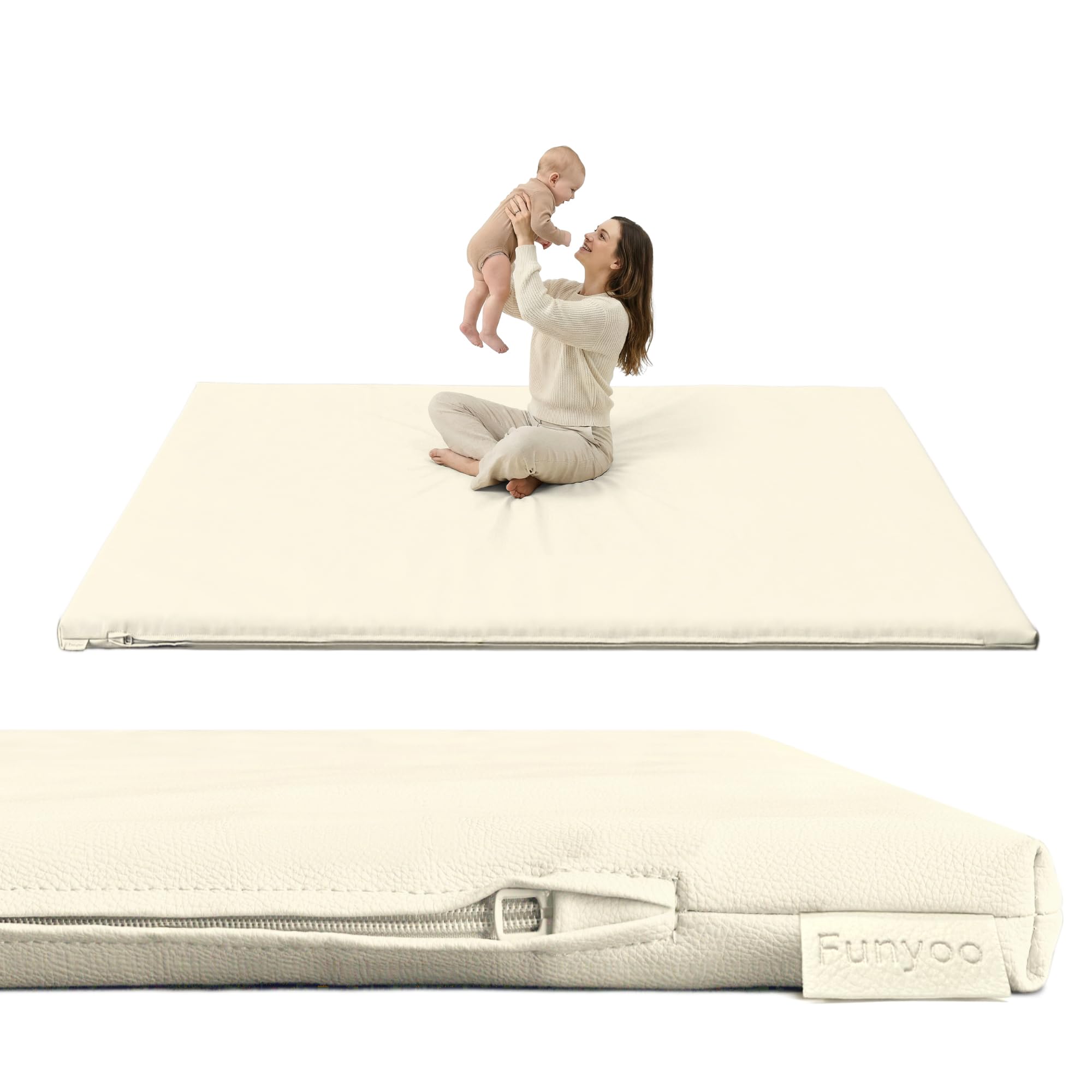 Funyoo padded play mat 71x59 cover closeup showing soft vegan leather surface for easy cleaning