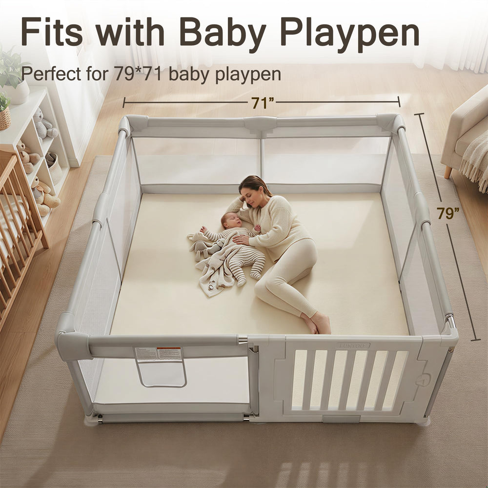Funyoo padded play mat 79 x 71 setup illustrates generous space for baby activities.