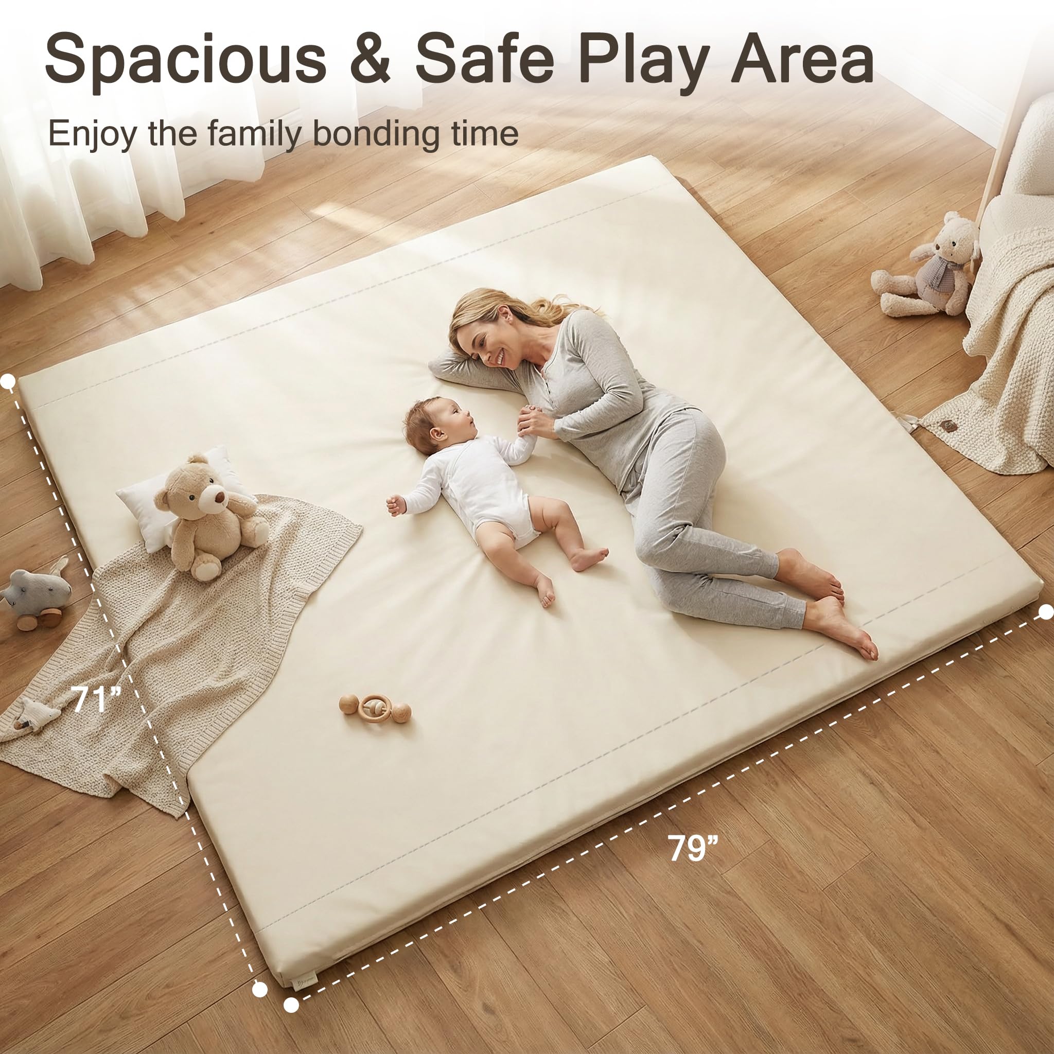 Funyoo padded play mat vegan leather cover emphasizes durable, wipe-clean surface for busy homes.