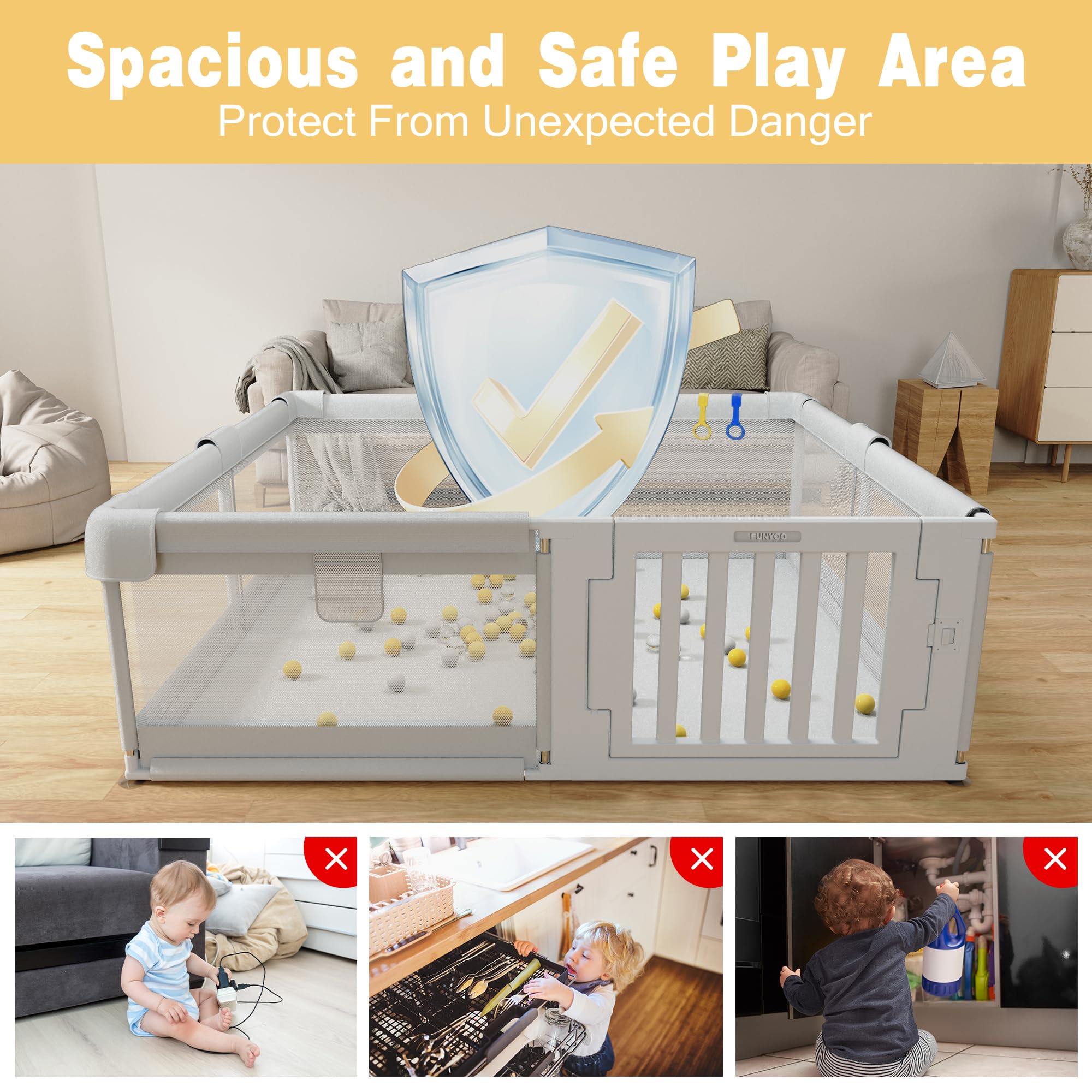 Funyoo playyard frees your hands for chores while your child plays nearby.
