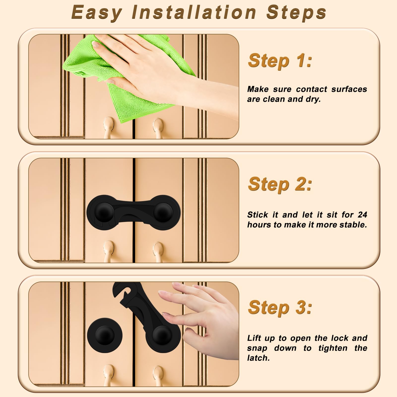 Furein cabinet locks installed on a kitchen cabinet prevent children's access
