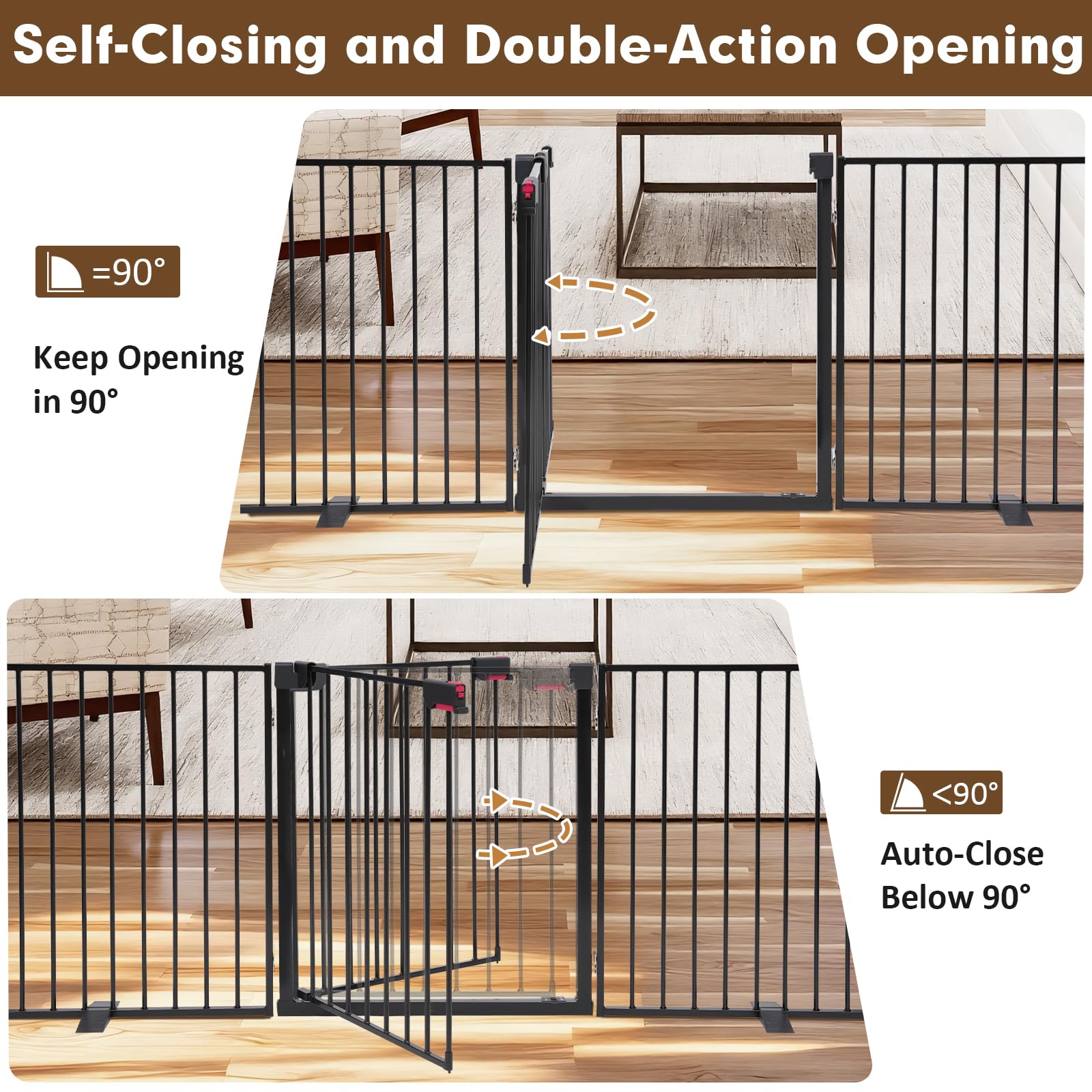 Furggis 104-inch dog gate door panel close-up highlights secure double-lock system for pets.