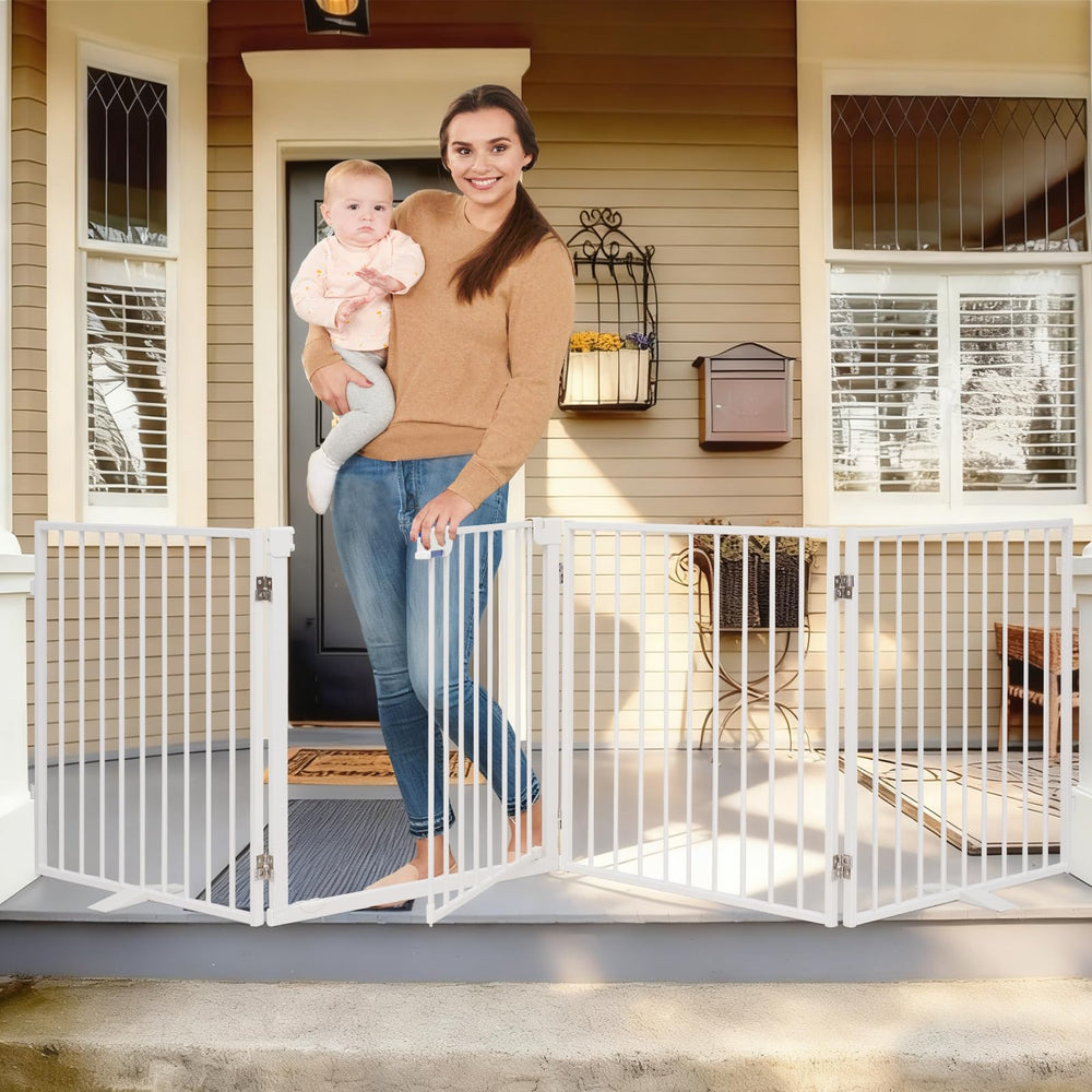 Furggis 104inch dog gate setup demonstrates a sturdy freestanding barrier for wide doorways.