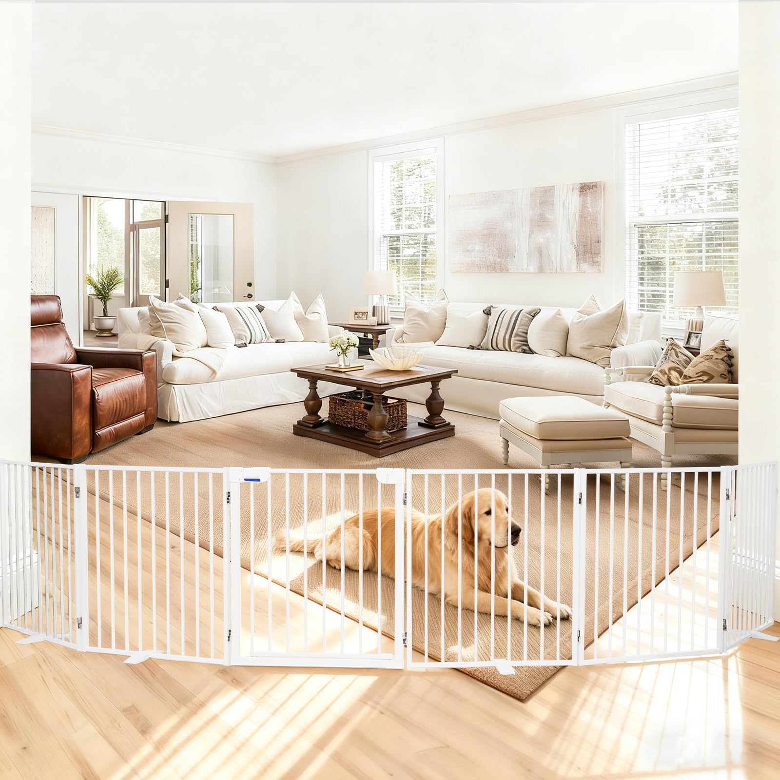 Furggis 156-inch dog gate panel open for easy access and room separation.