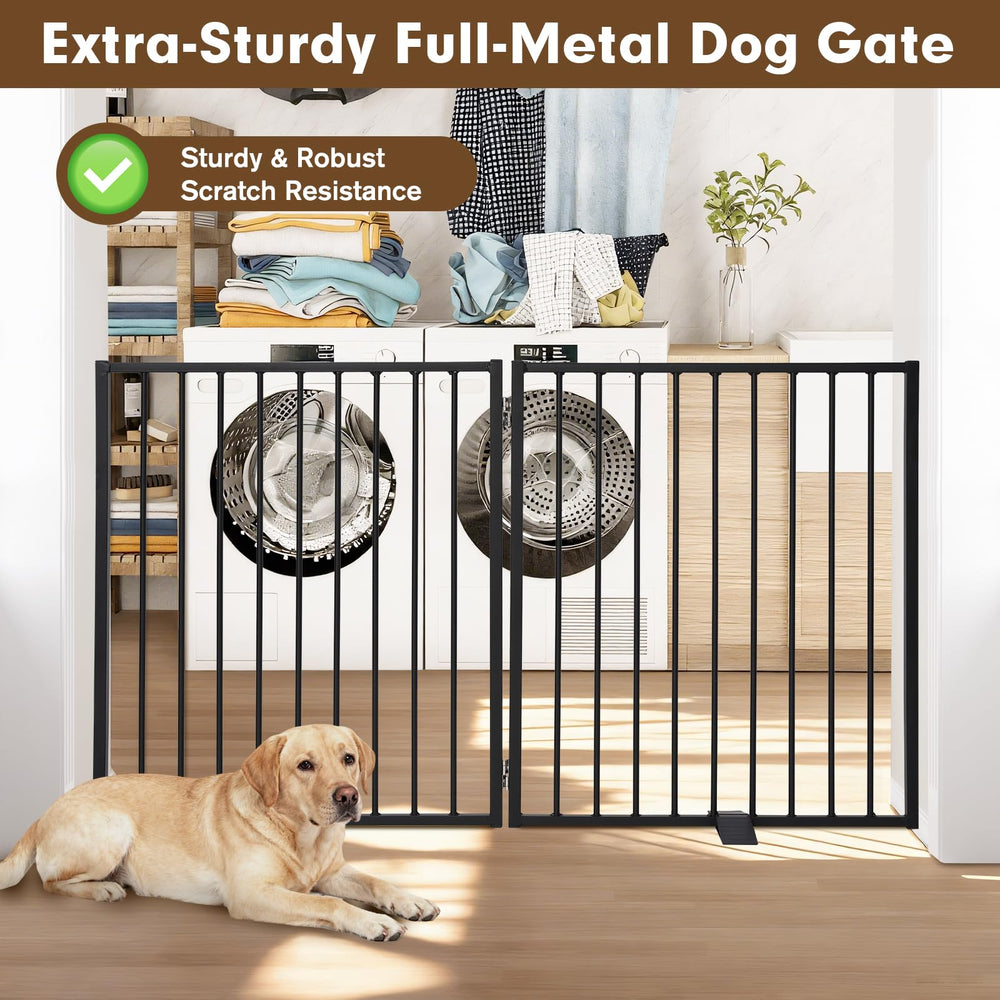 Furggis 52in dog gate self-closing door enables hands-free control.