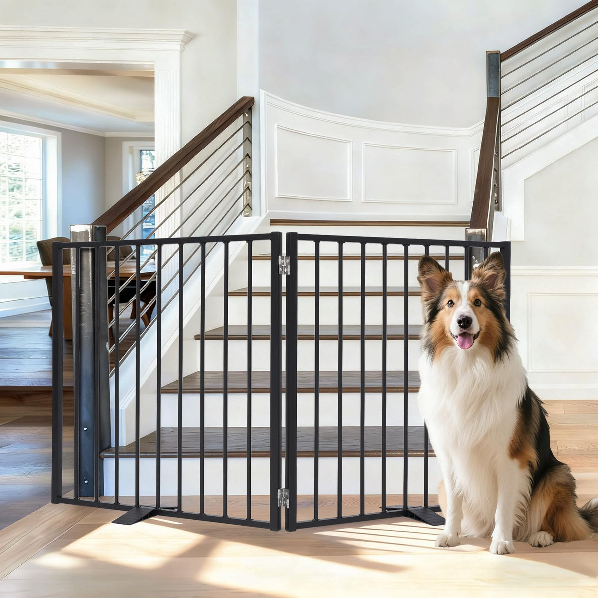 Furggis 52in extra-wide dog gate assembled at doorway for safe separation.