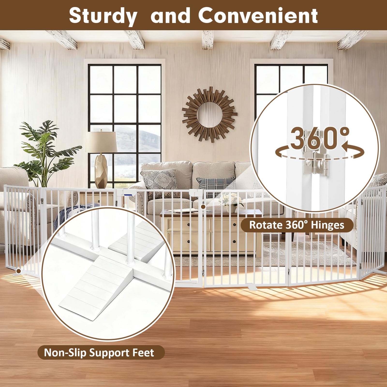 Furggis 6-panel foldable gate creates a wide, flexible barrier for doorways and halls.