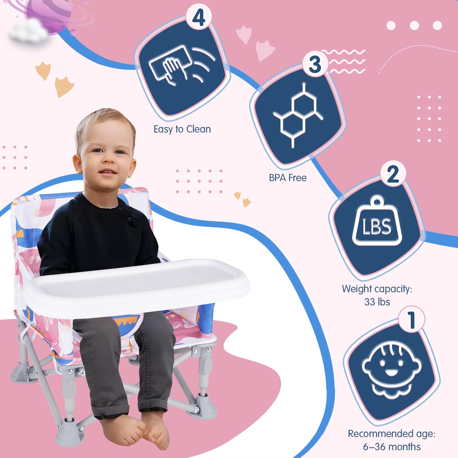 Furmubei three-point belt and non-slip feet enhance baby stability on surfaces.