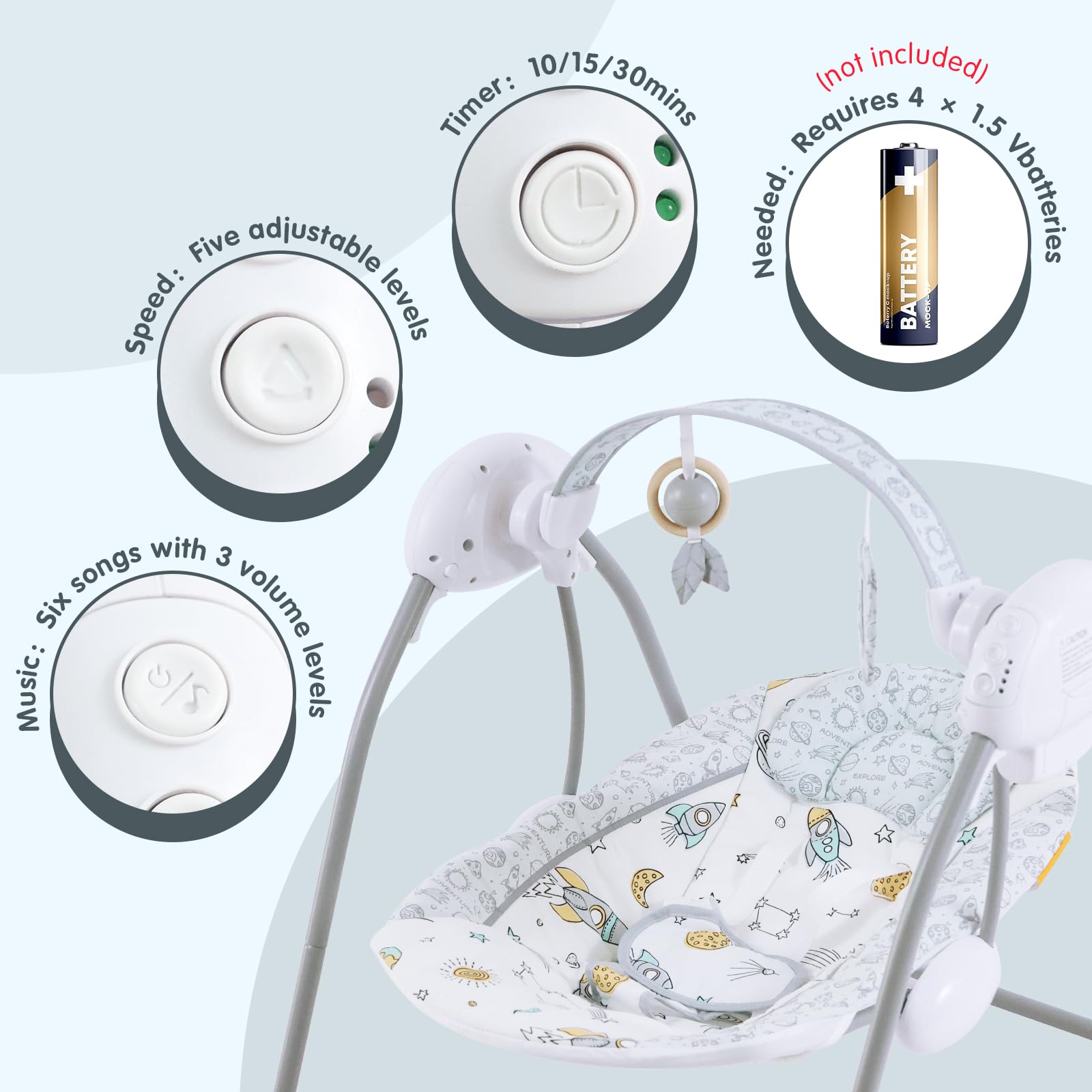 Furmubei baby swing 5-speed control for customizable soothing.