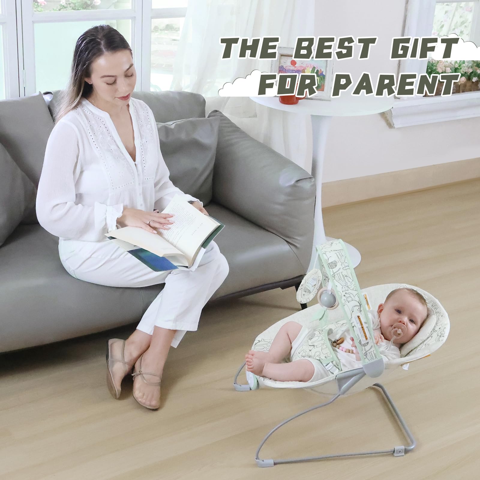 Furmubei portable baby bouncer demonstrates indoor outdoor use for homes and yards