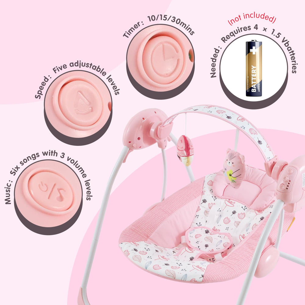 Furmubei portable baby swing 5-speed and timer provide soothing options.