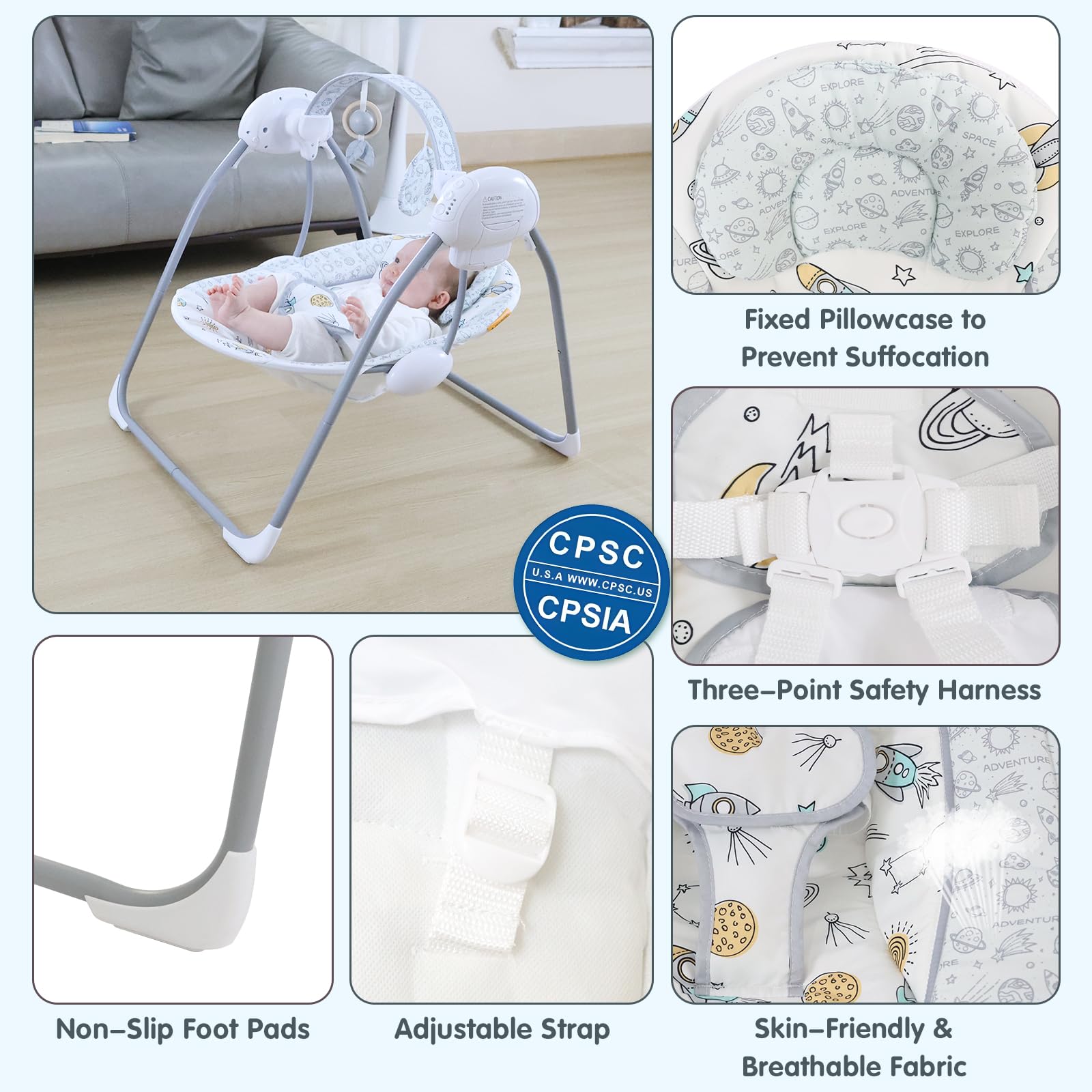 Furmubei portable baby swing open seat with safety harness for security.