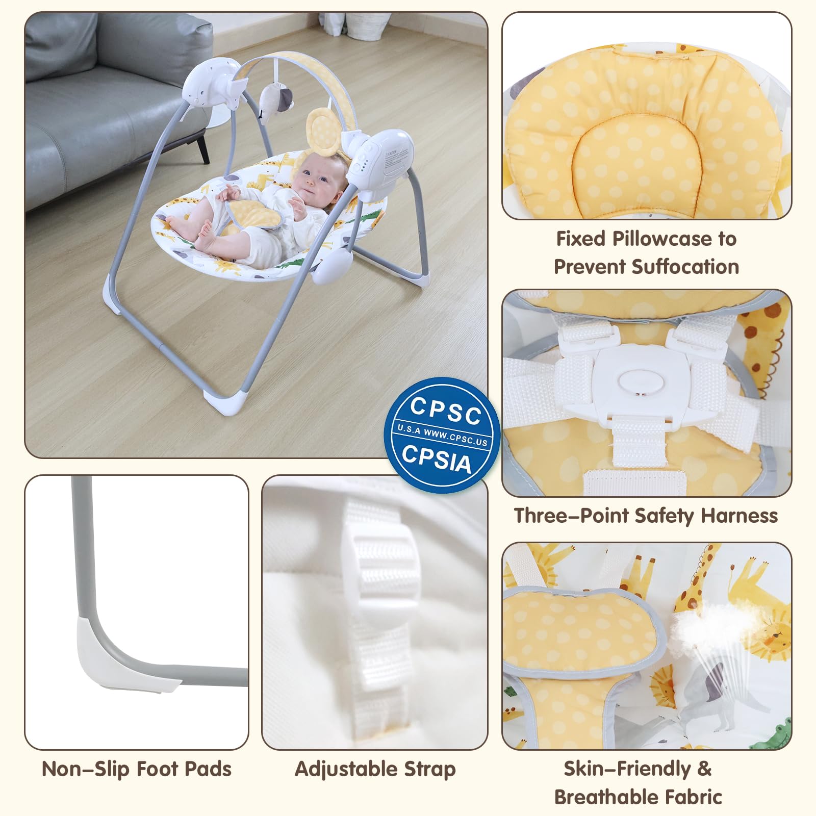 Furmubei Portable Baby Swing fully opened with roomy seat for comfort