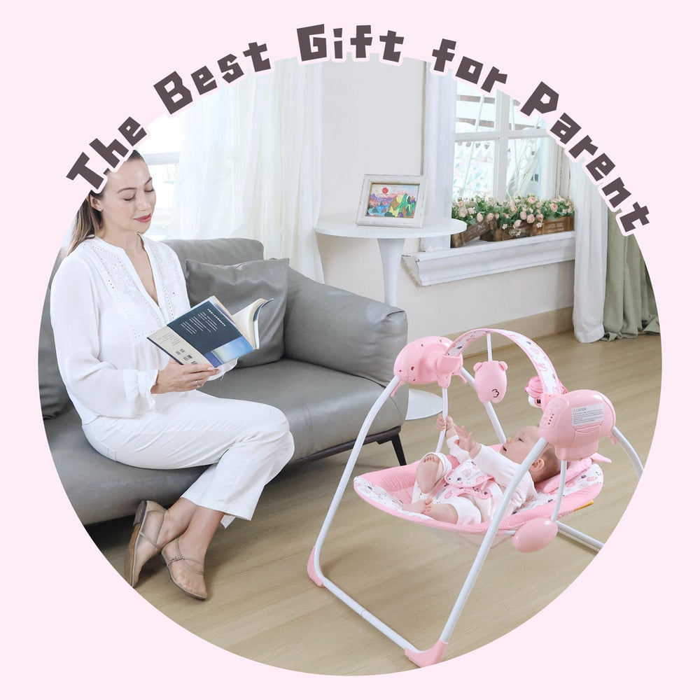 Furmubei portable baby swing cushioned seat and 5-point harness boost comfort and safety.
