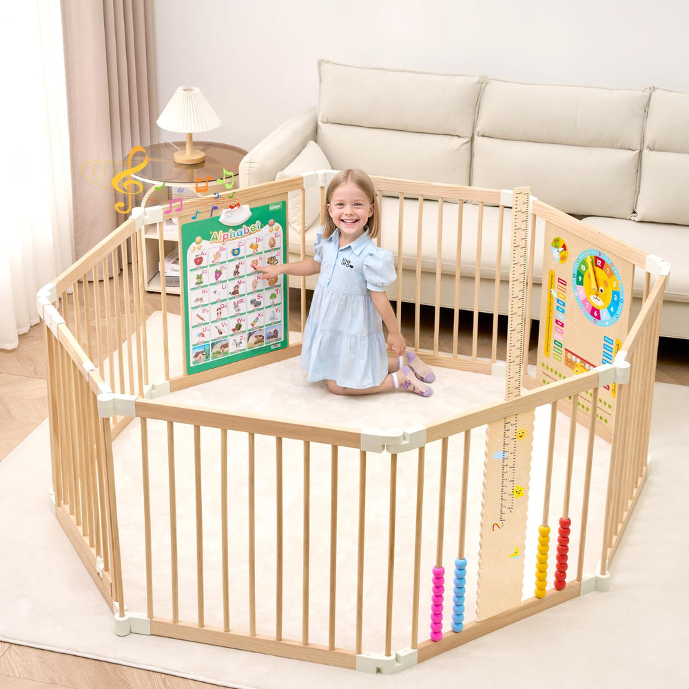 FurrFinesse foldable wooden playpen 8-panel creates a spacious, safe play area for babies.