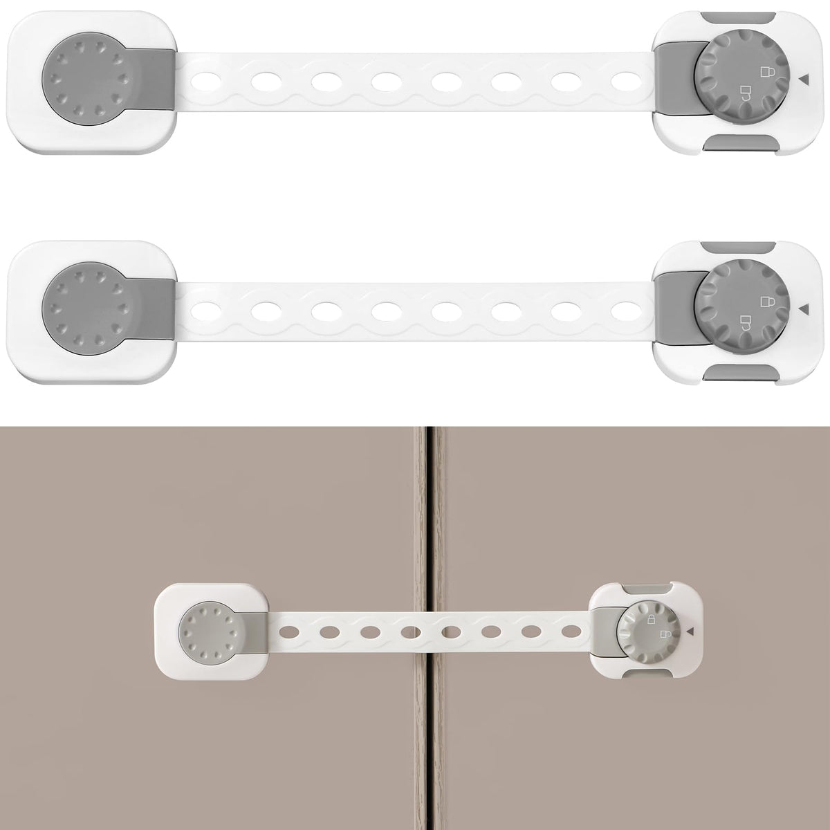 Fursafe&Q adhesive straps cabinet locks securing cabinets for childproofing.