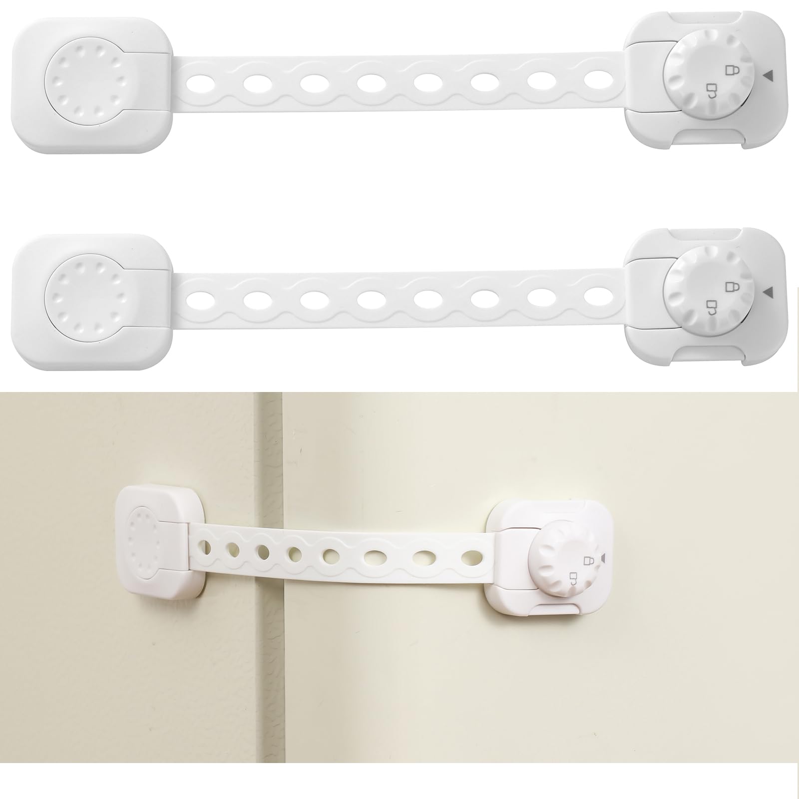 Fursafe&Q cabinet locks with adhesive straps installed for kid-friendly safety