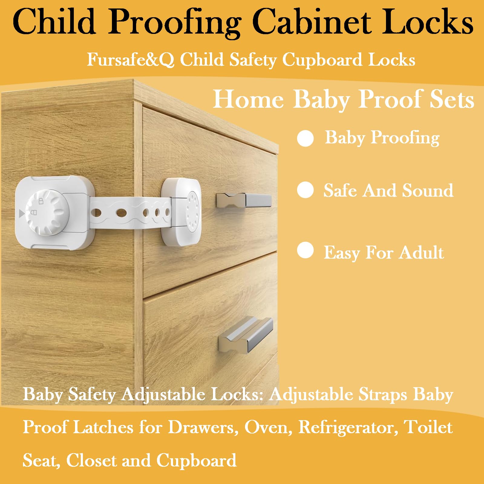 Fursafe&amp;Q latch setup for fridge, drawer, oven in a white finish.