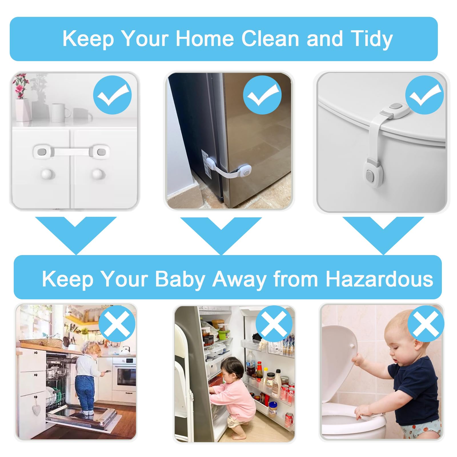 FursafeQ child proofing strap lock on kitchen cabinet demonstrating easy adult use.