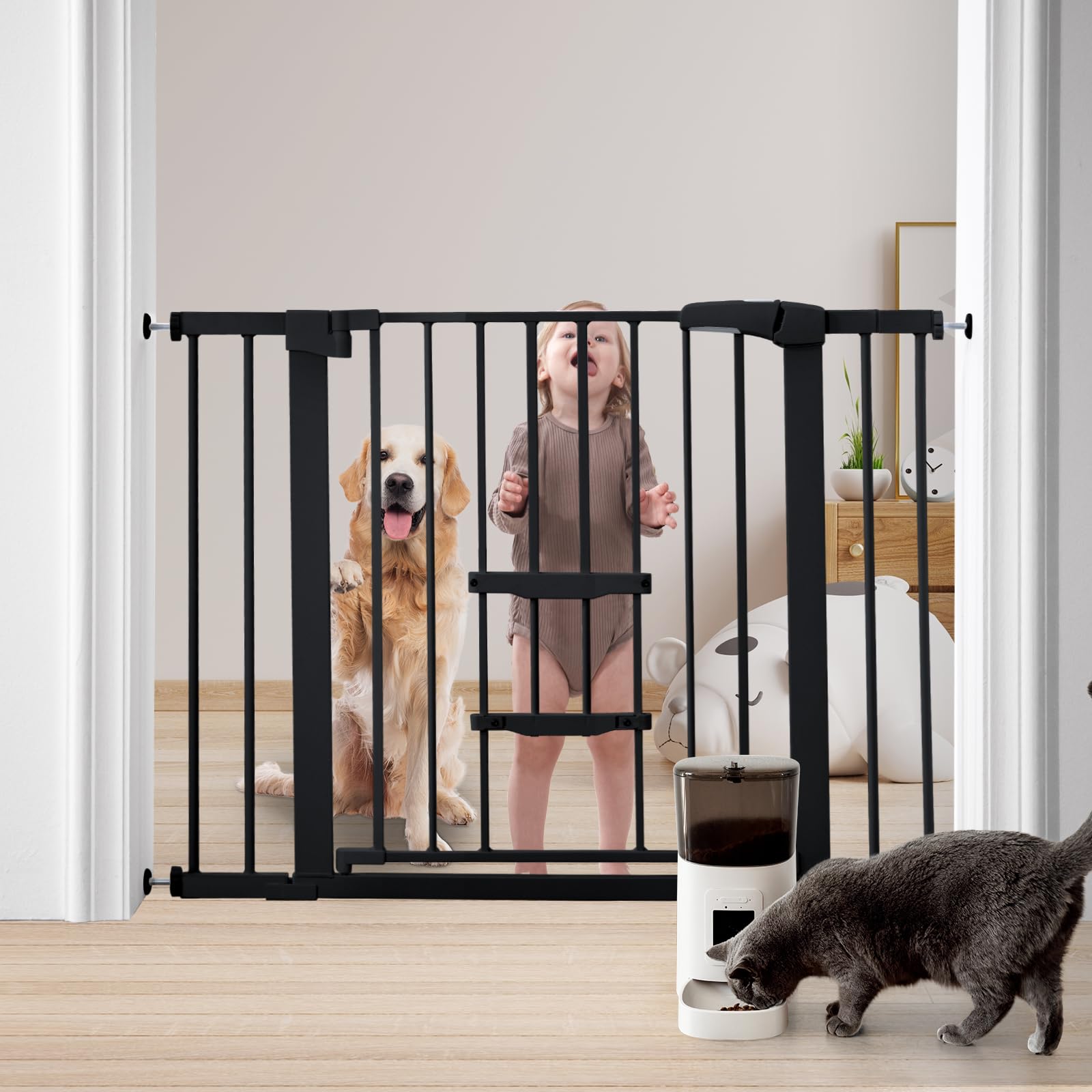 FURTIME baby gate with cat door shows four-level access for cats and keeps dogs away