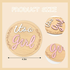 FUTNH its-a-boy-girl sign in pink wood circle for cake toppers or photo props.