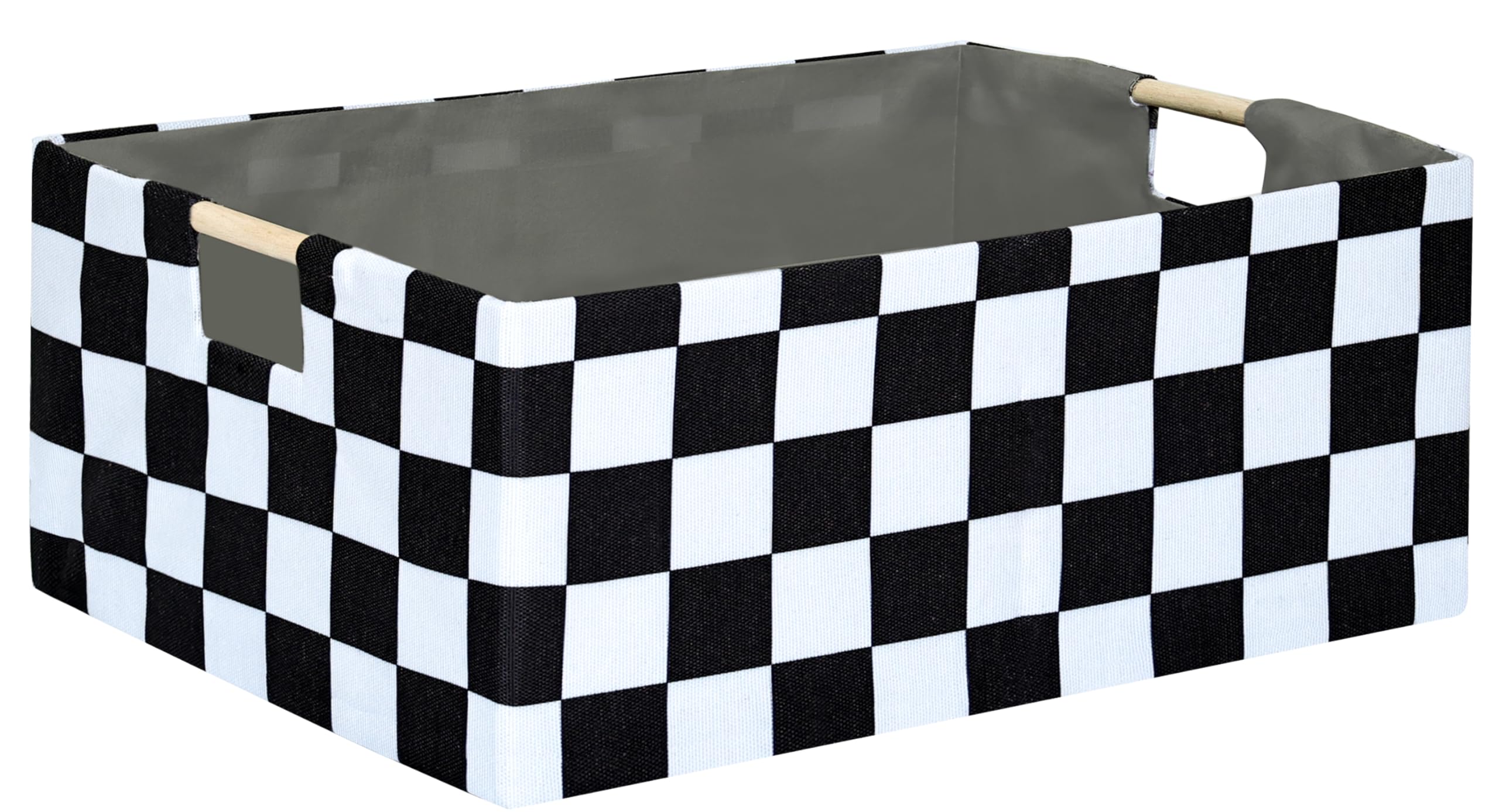 FUULOXE Checkered Storage Basket front view showing sturdy handles and spacious interior for organized living.