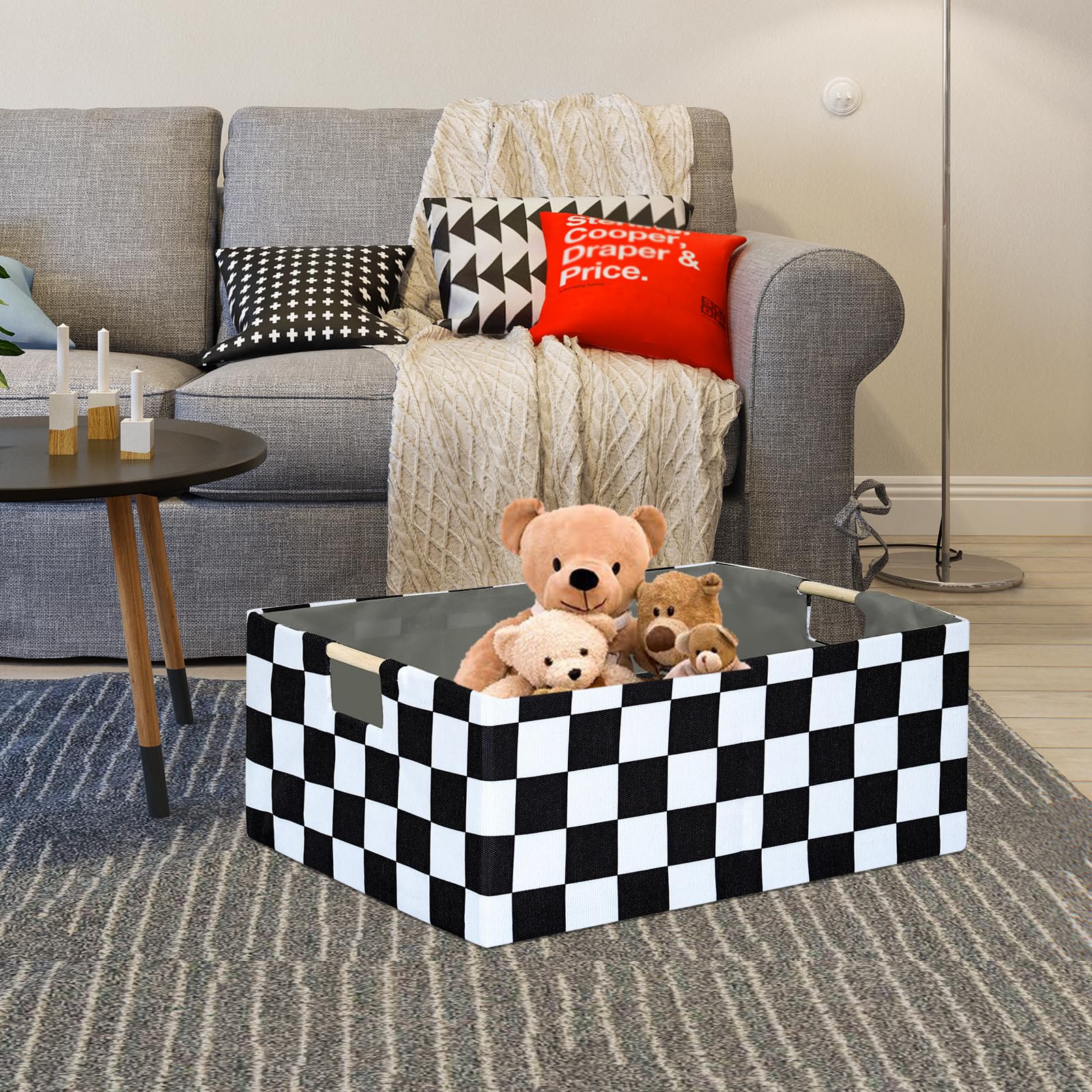 FUULOXE Checkered Storage Basket linen closeup shows durable fabric and base insert support.