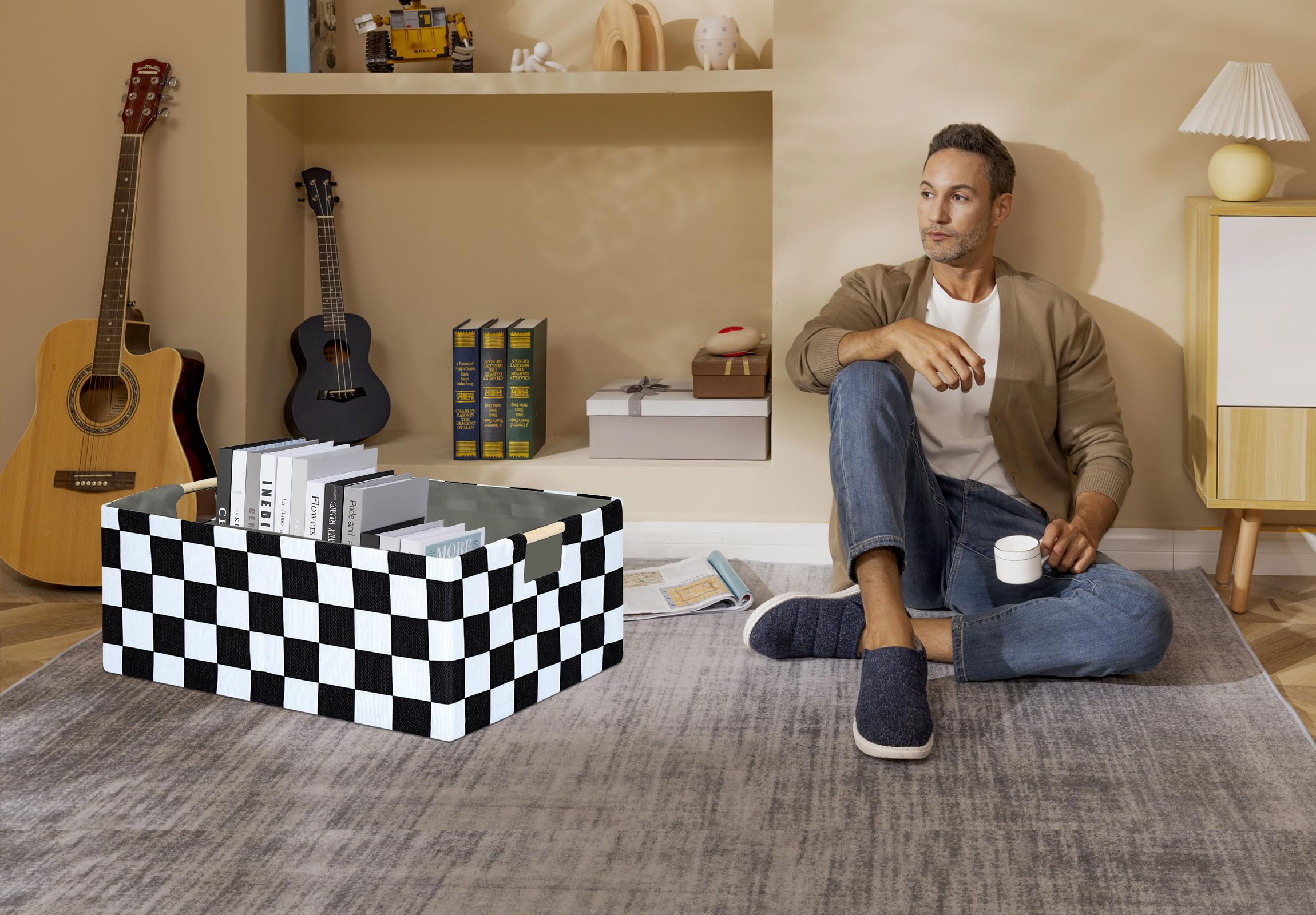 FUULOXE Checkered Storage Basket on shelf organizer demonstrates versatile home storage.