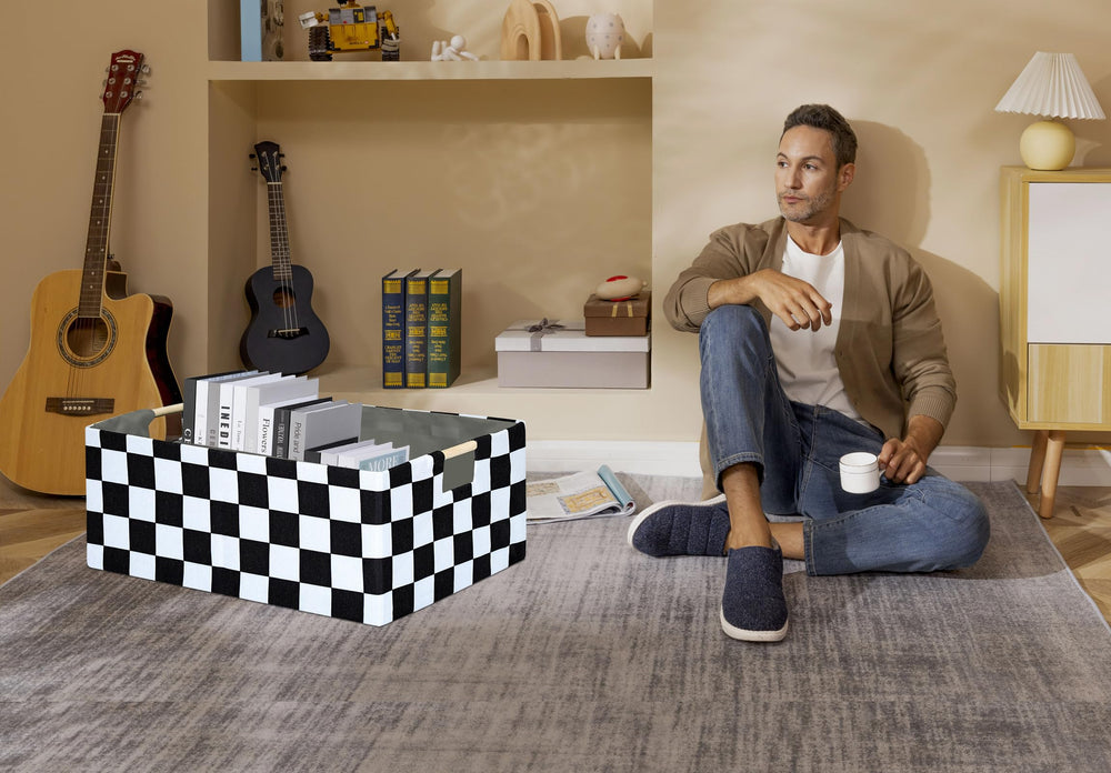 FUULOXE Checkered Storage Basket on shelf organizer demonstrates versatile home storage.