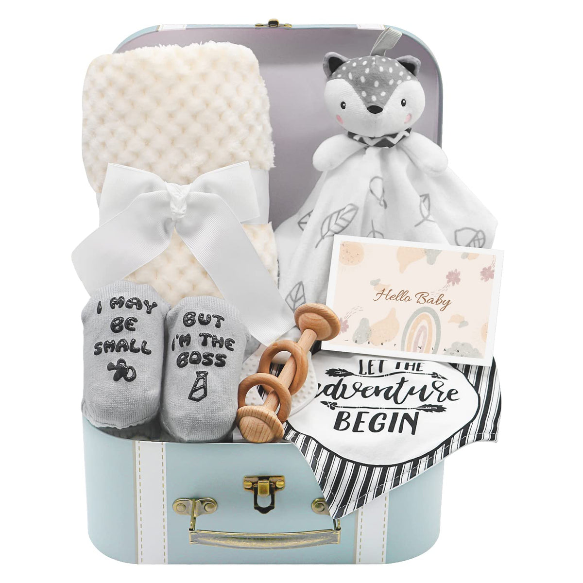 Fvntuey baby gift basket with a plush blanket showcases cozy warmth for newborns