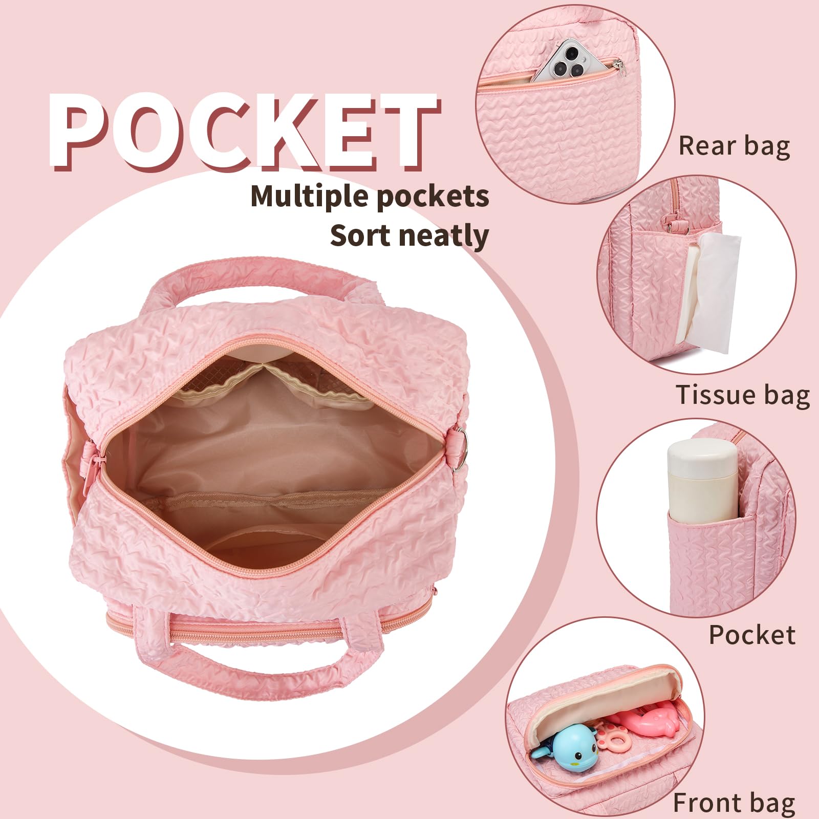 Fwkekye small diaper bag tote pink insulated pockets ideal for bottles.