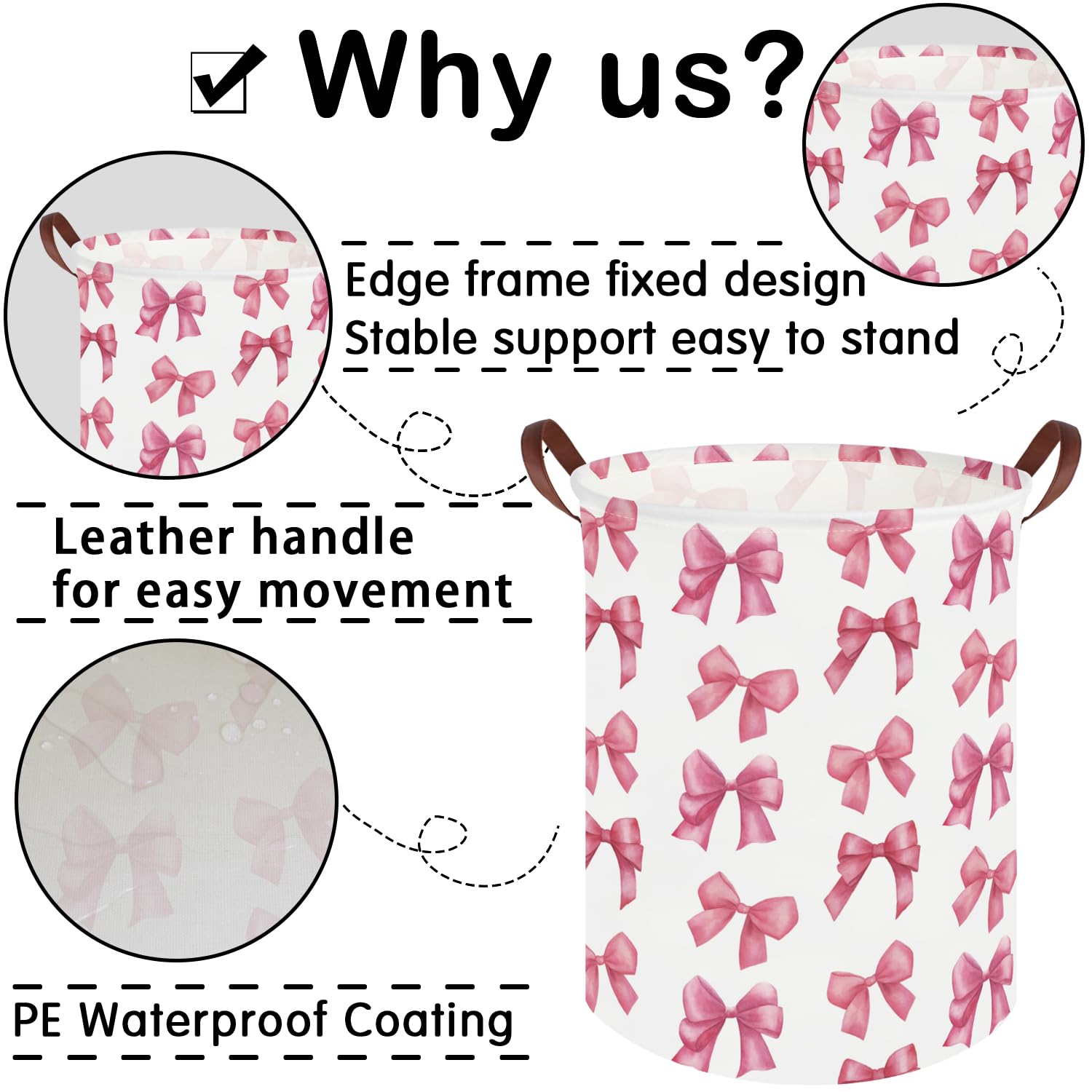 FXOCSHE Bow laundry basket leather handles enable portable, lightweight transport.