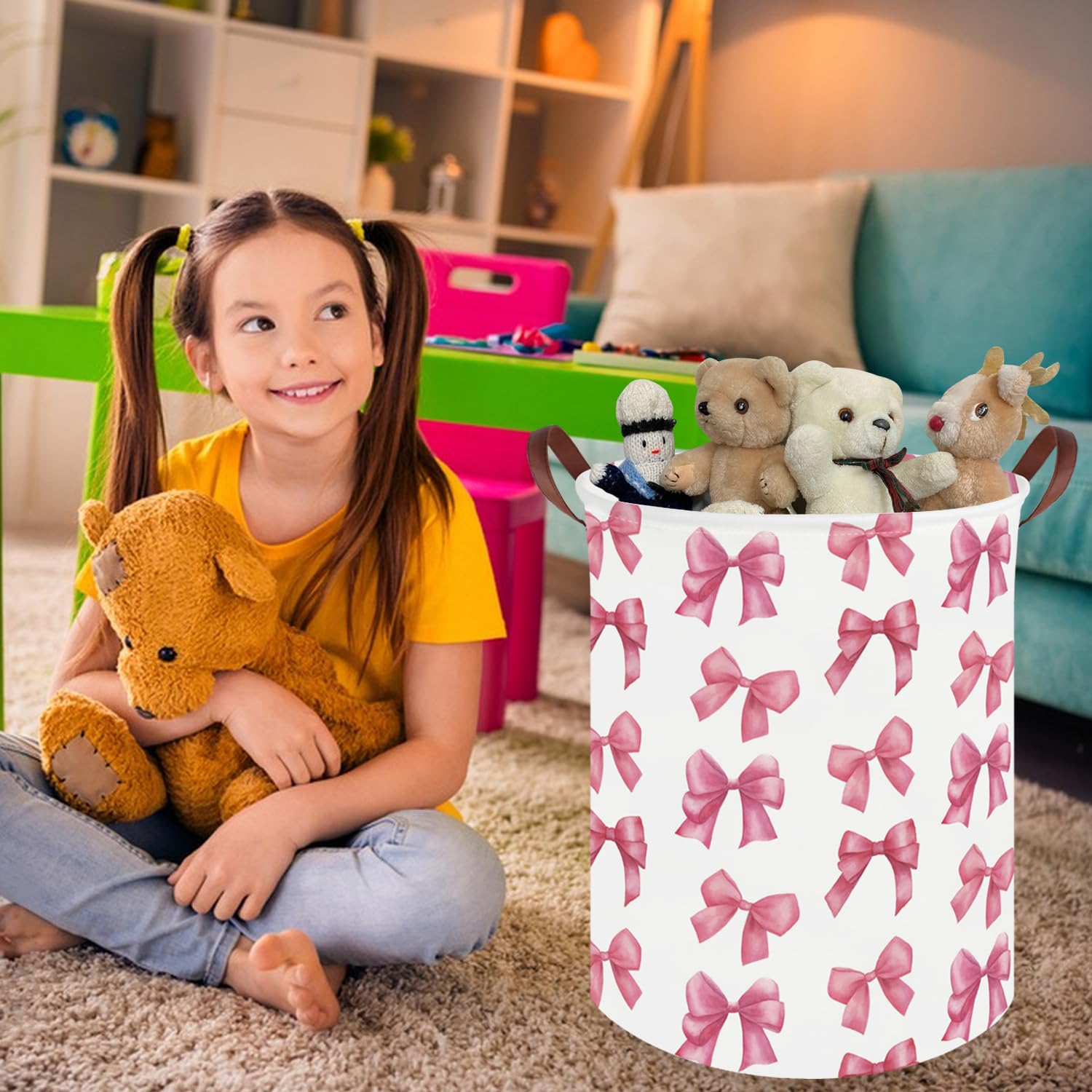 FXOCSHE Bow laundry basket open reveals a wide mouth for easy loading.