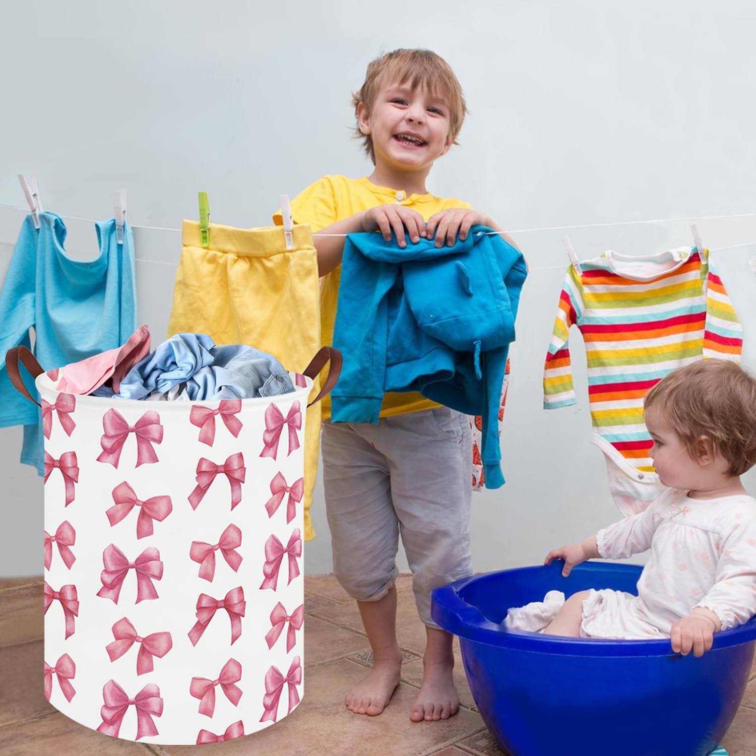 FXOCSHE Bow laundry basket waterproof coating eases cleaning after spills.